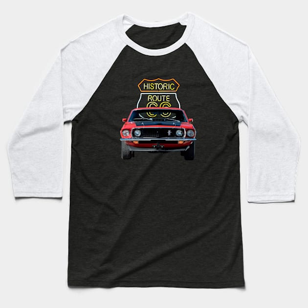 1969 Mustang Mach 1 in our route 66 series on back Baseball T-Shirt by Permages LLC